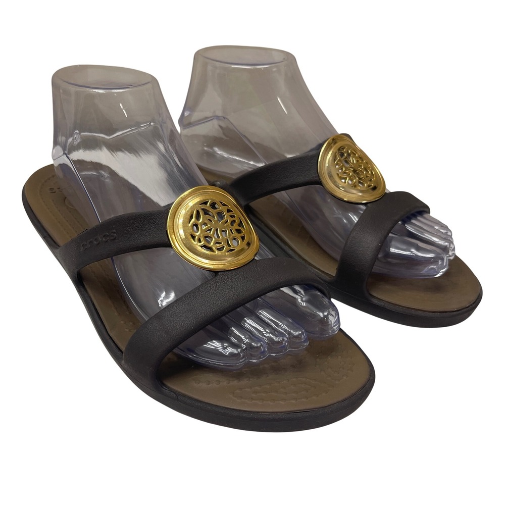 Crocs Sanrah Circle Womens 9 Espresso Bronze Gold Medallion Slides Sandals RARE